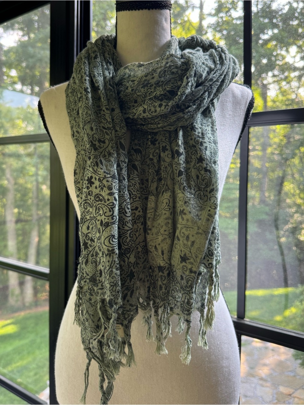 Roots Canada Cotton Silk Woodland Print Fringe Scarf Shawl Wrap